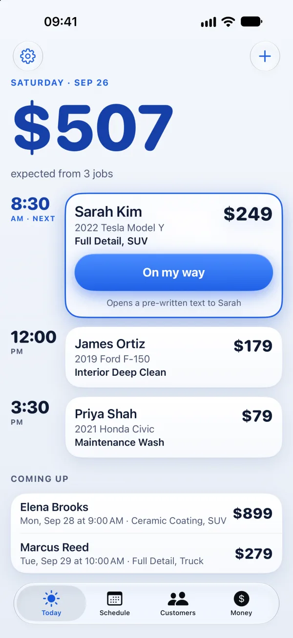Shine Route Today screen: $507 expected from 3 jobs