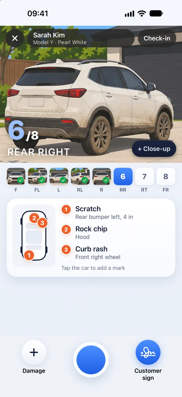 Shine Route walk-around screen: 6 of 8 angles, car diagram with 3 damage marks